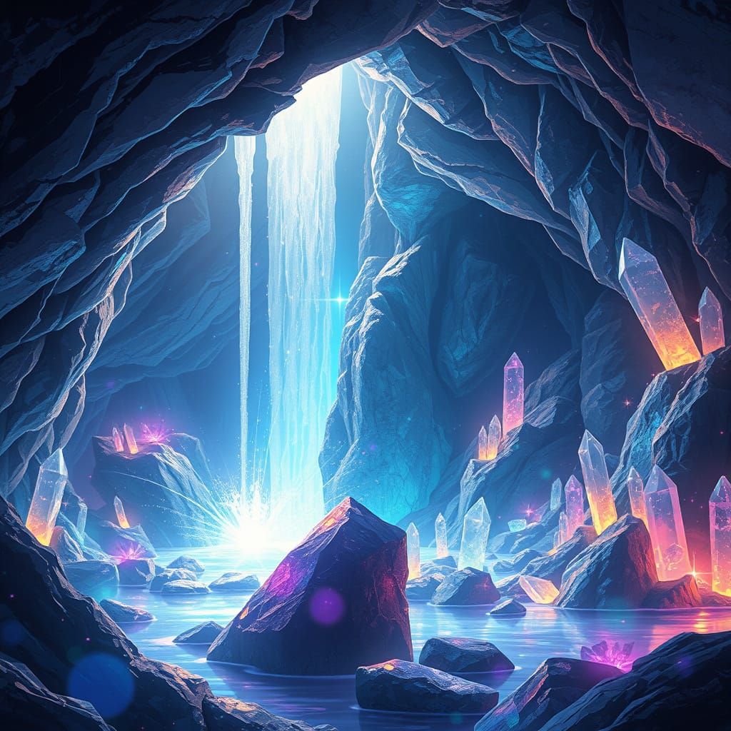Glowing Waterfall in Crystalline Cave: Hyperrealistic Concep...