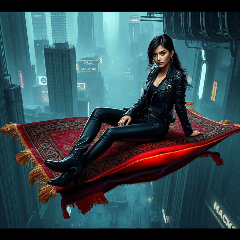 Jasmine on Flying Carpet in Cyberpunk Cityscape