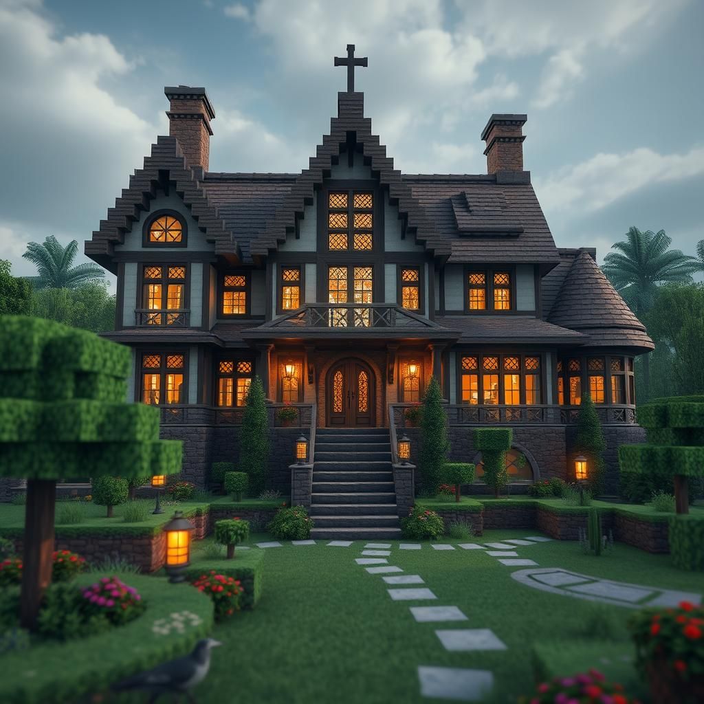 Minecraft Mansion with Garden: 3D Game Render