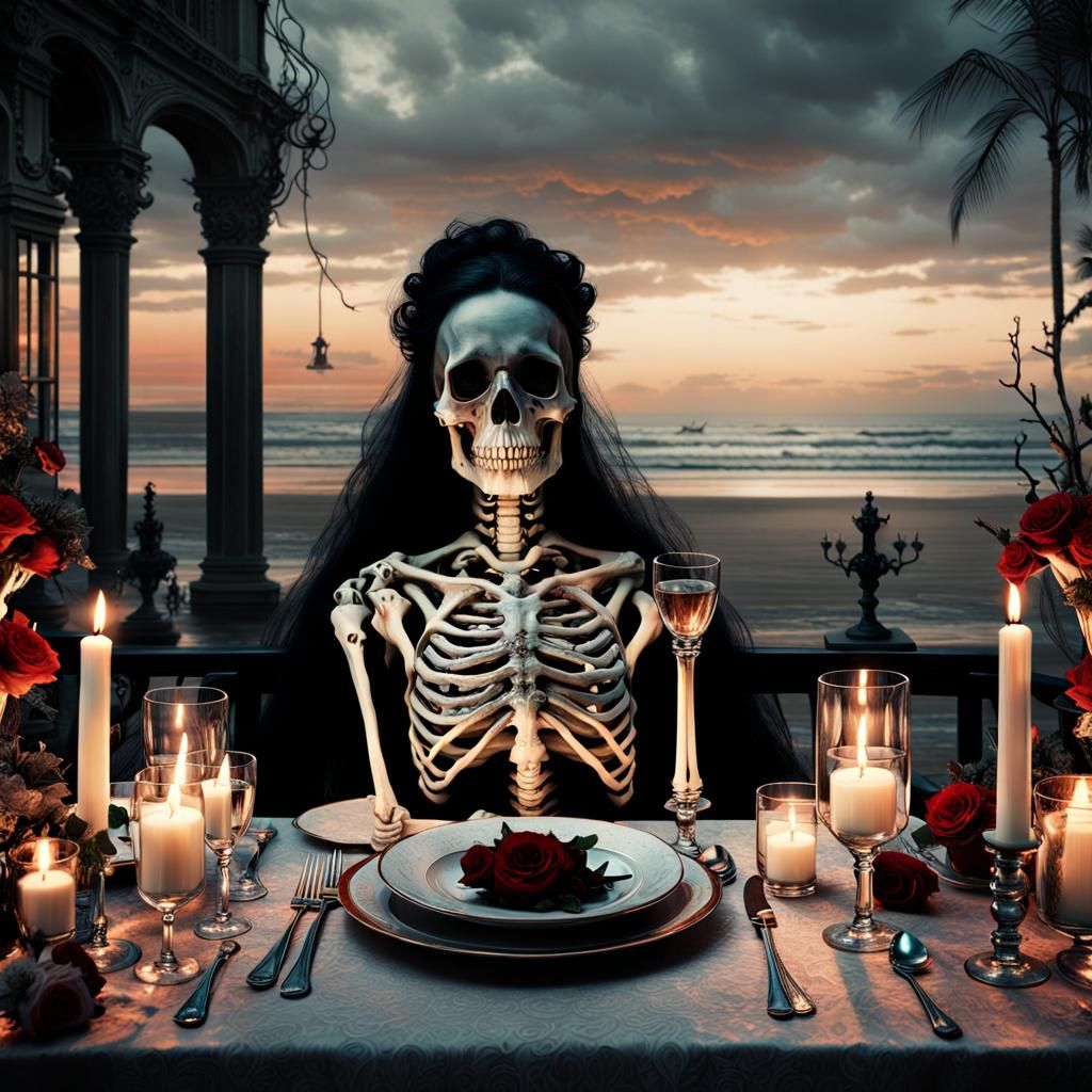 Gothic Romance: Woman and Skeleton at Valentine's Dinner