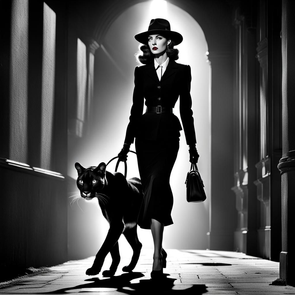 Elegant Lady Walking Puma in Crime Noir Style