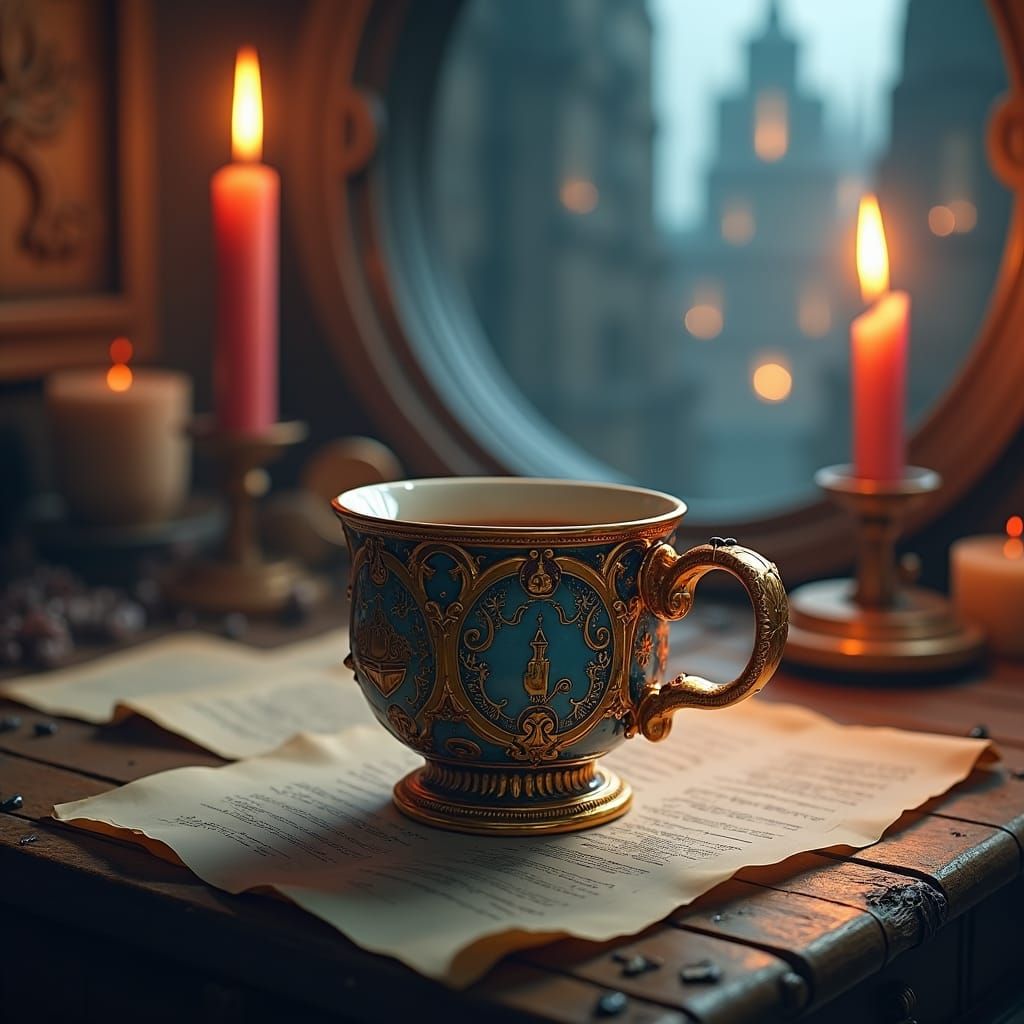 Ornate Coffee Cup with Gothic Architecture in Fantasy Style