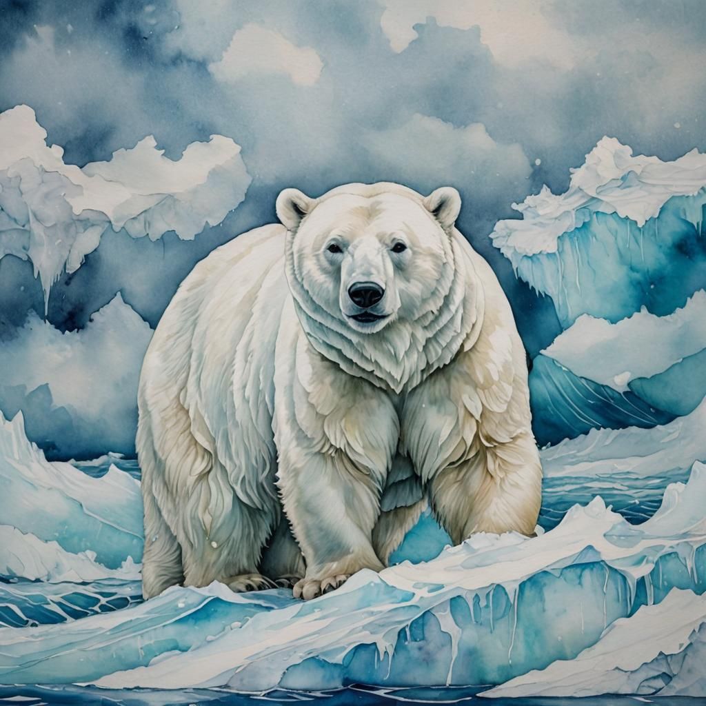 Otherworldly Alcohol Ink Polar Bear on Iceberg