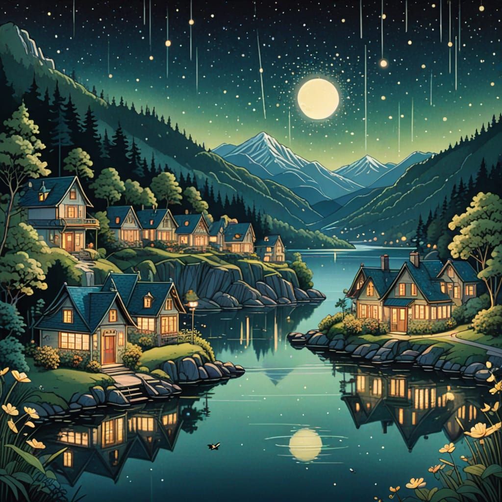 Art Deco Village Scene with Fireflies and Whimsical Lighting