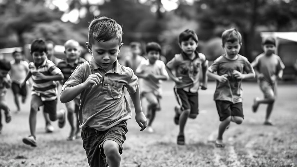 Children at Play in High-Contrast Black and White