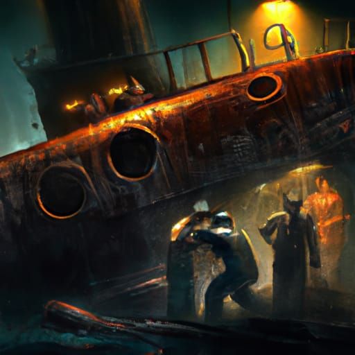 WWII Submarine Crew Victory in Dark Fantasy Style