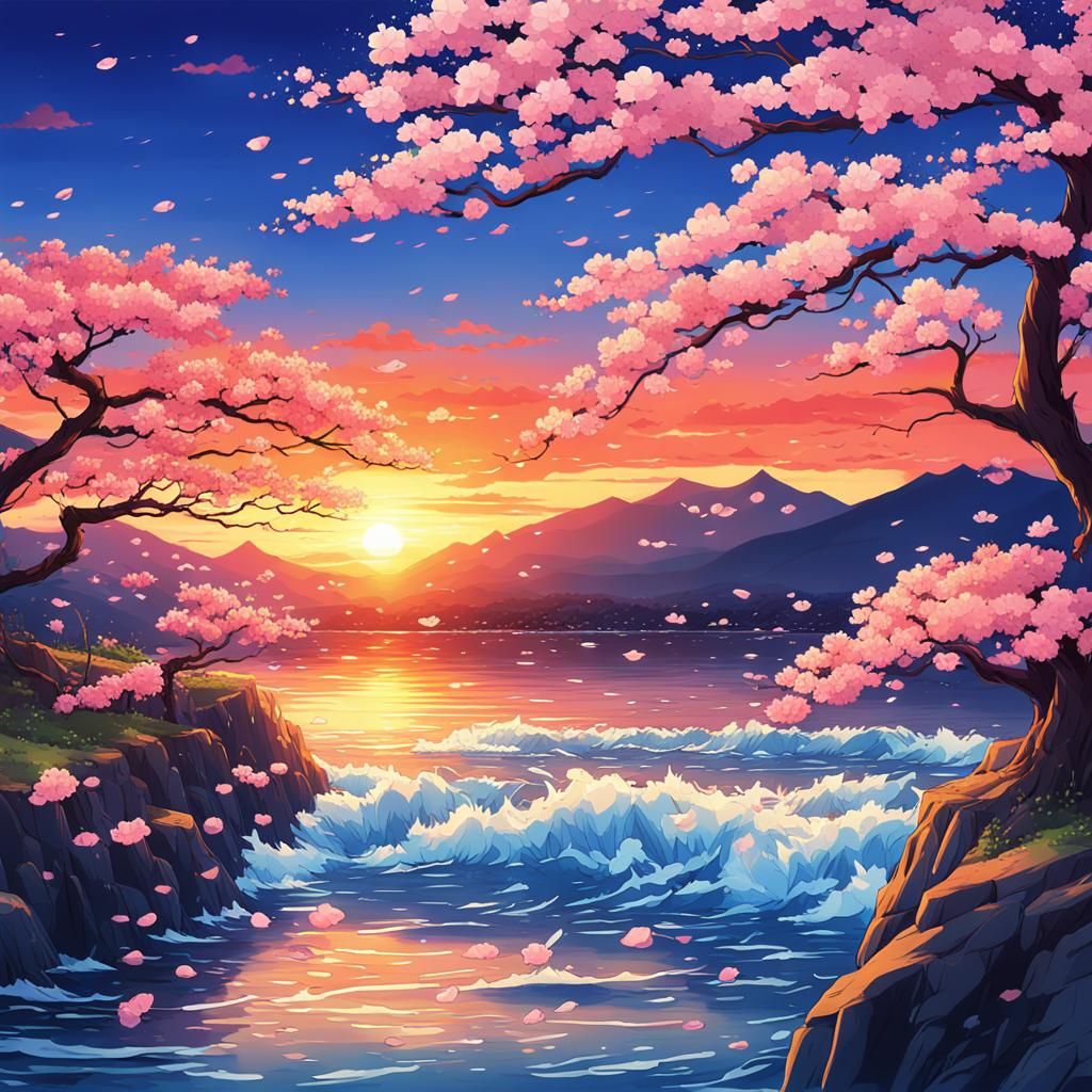 Vibrant Anime Cherry Blossoms at Sunset in 4K