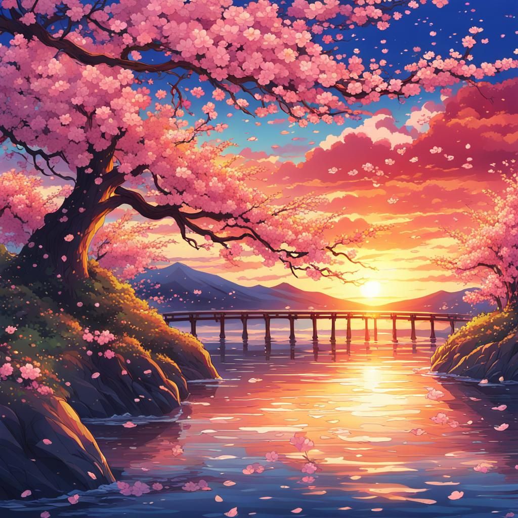 Anime Cherry Blossom Sunset Over Ocean in 4K