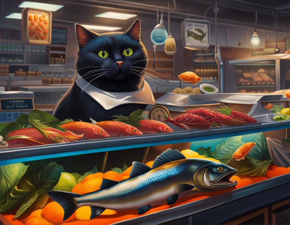 Hyperrealistic Cat Fishmonger in Supermarket