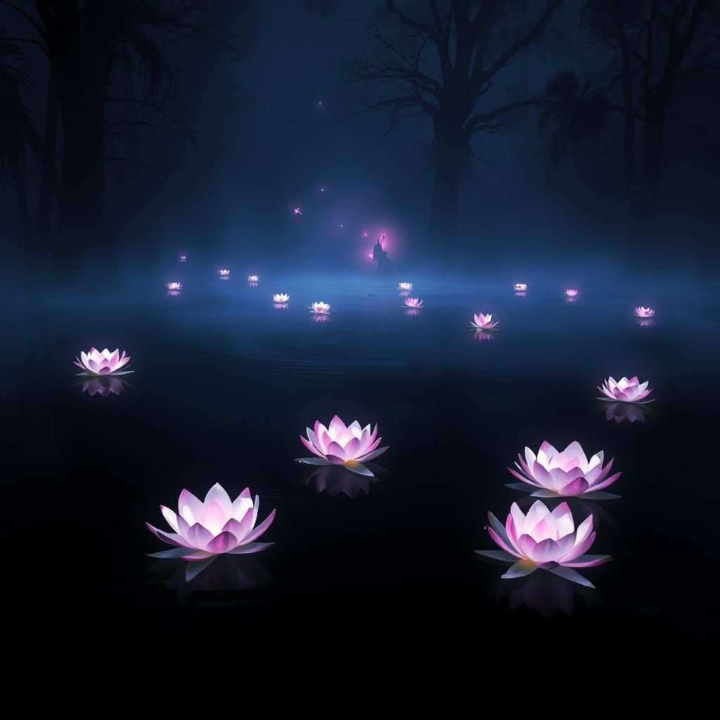 Dreamy Bioluminescent Pond Scene with Soft, Eerie Glow