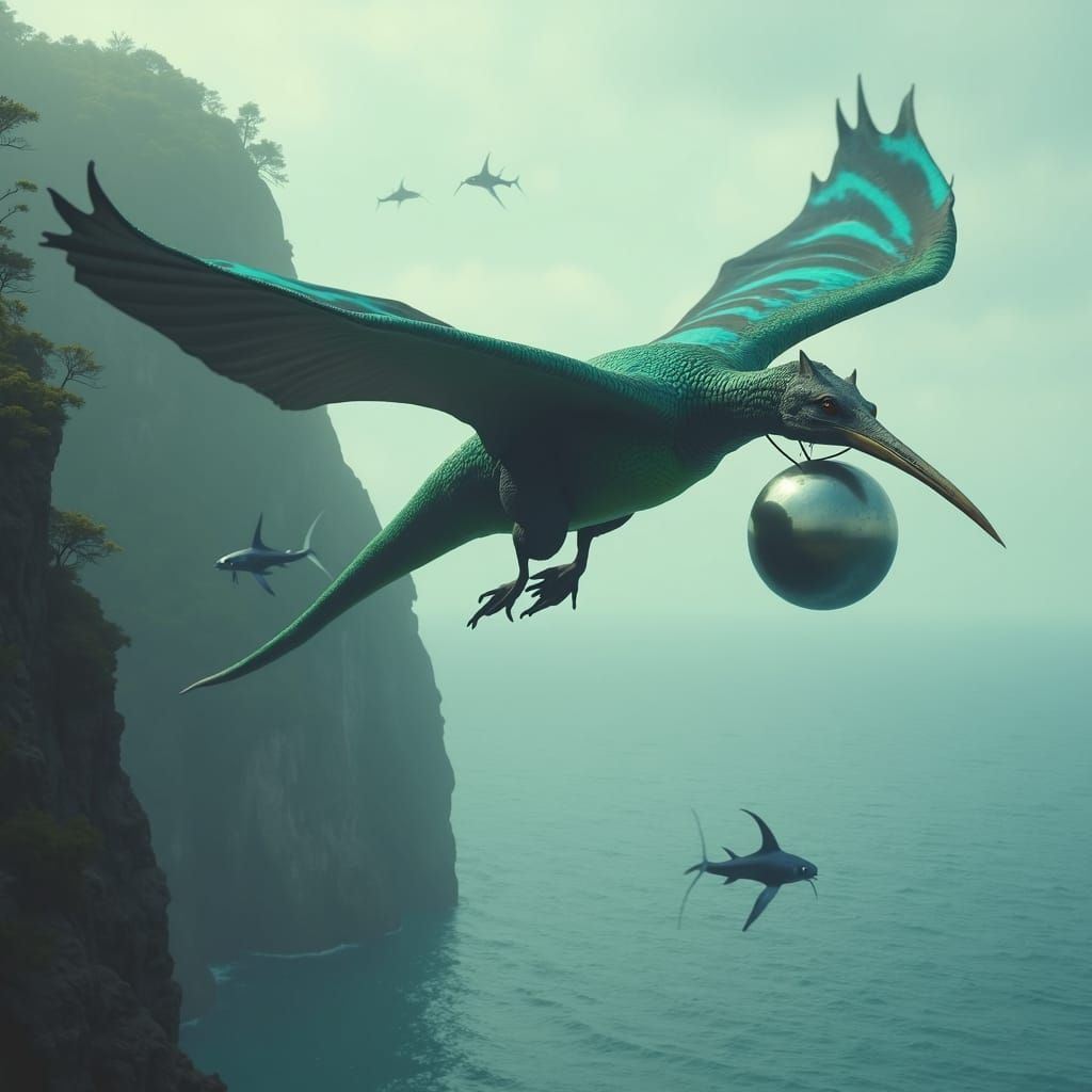 Pterodactyl Grasping Silver Ball Over Ocean