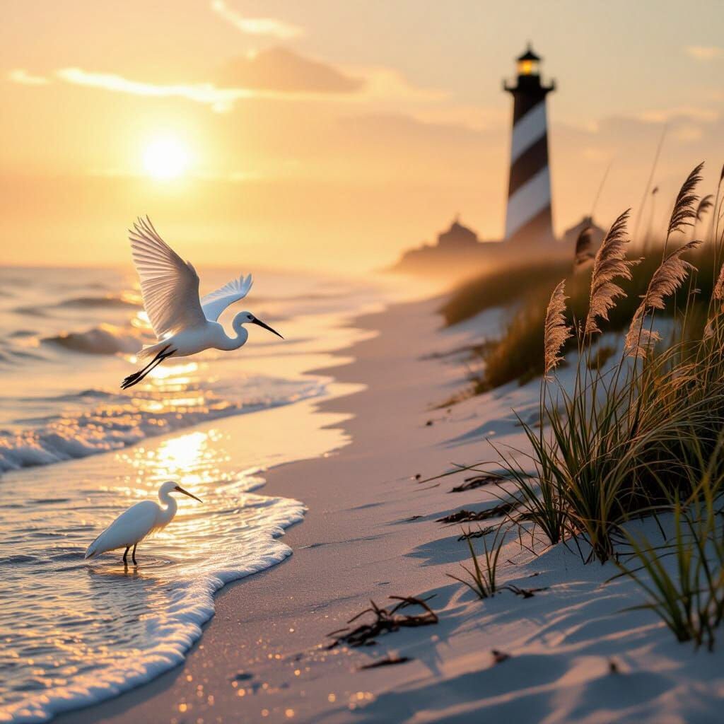 White Ibis and Egret at Sunrise with Lighthouse
