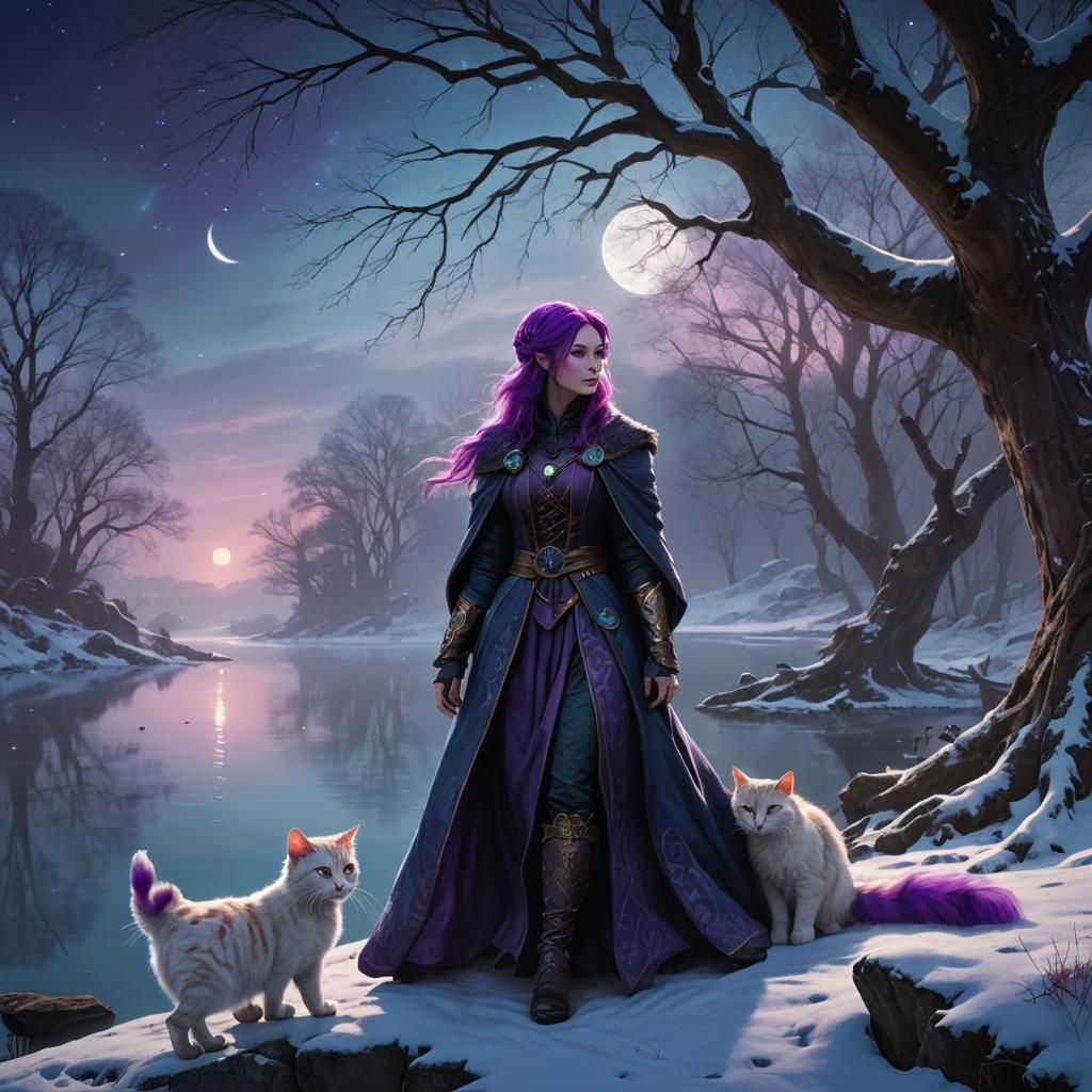 Regal Woman and Magical Cat by Moonlight