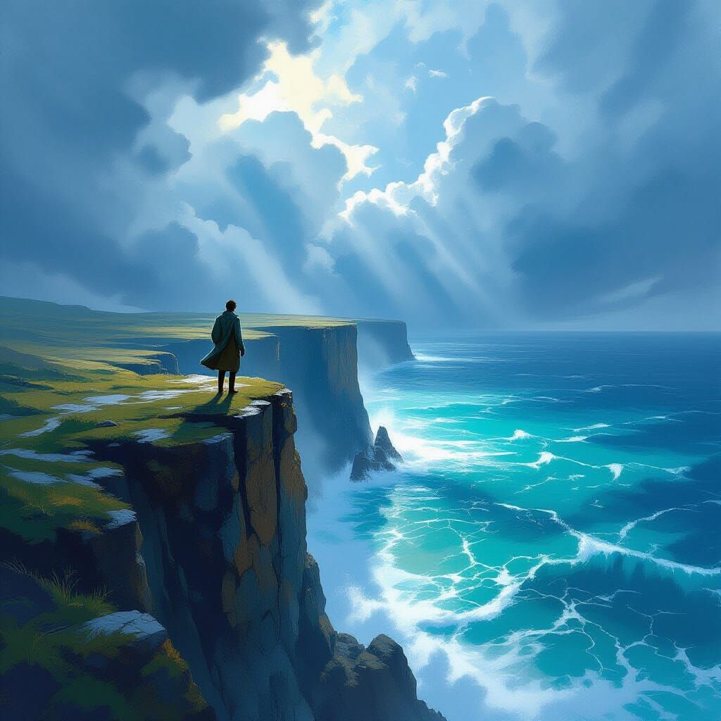 Person on Cliff Edge Overlooking Ocean