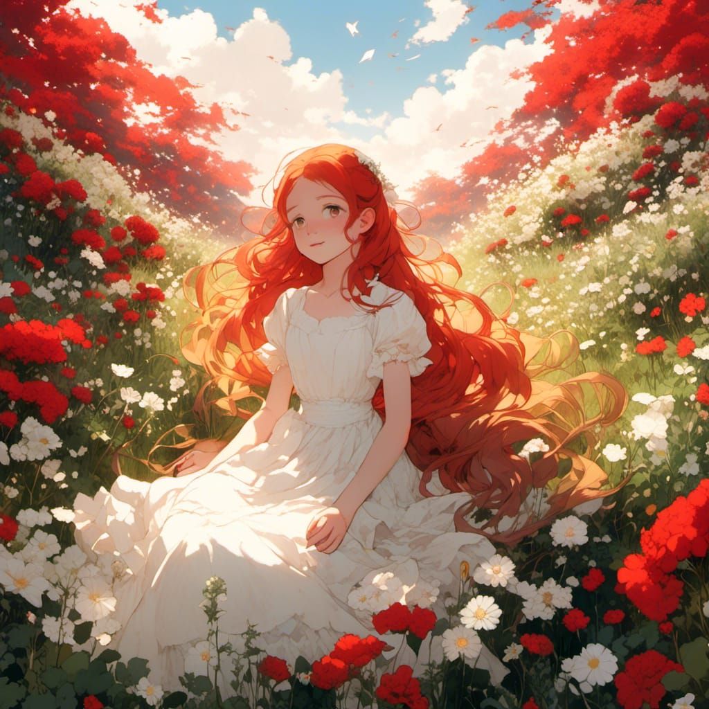 Anime Girl in Flower Field at Golden Hour