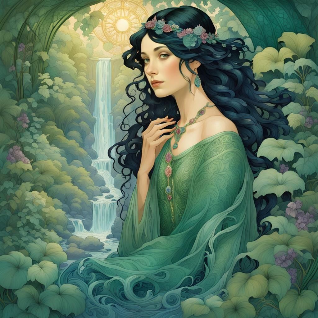 Art Nouveau Waterfall with Elegant Woman