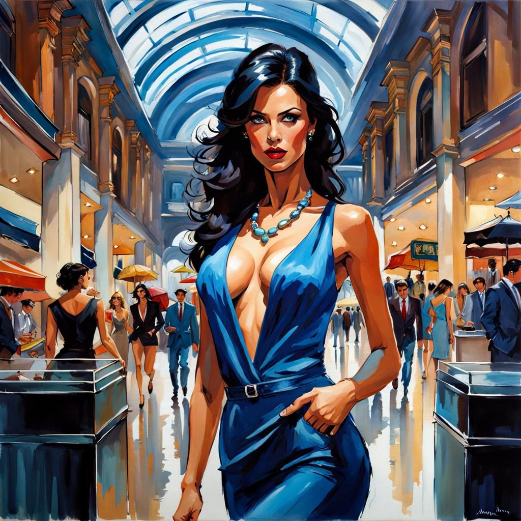 Elegant Dark-Haired Woman in Azure Outfit, Splash Art