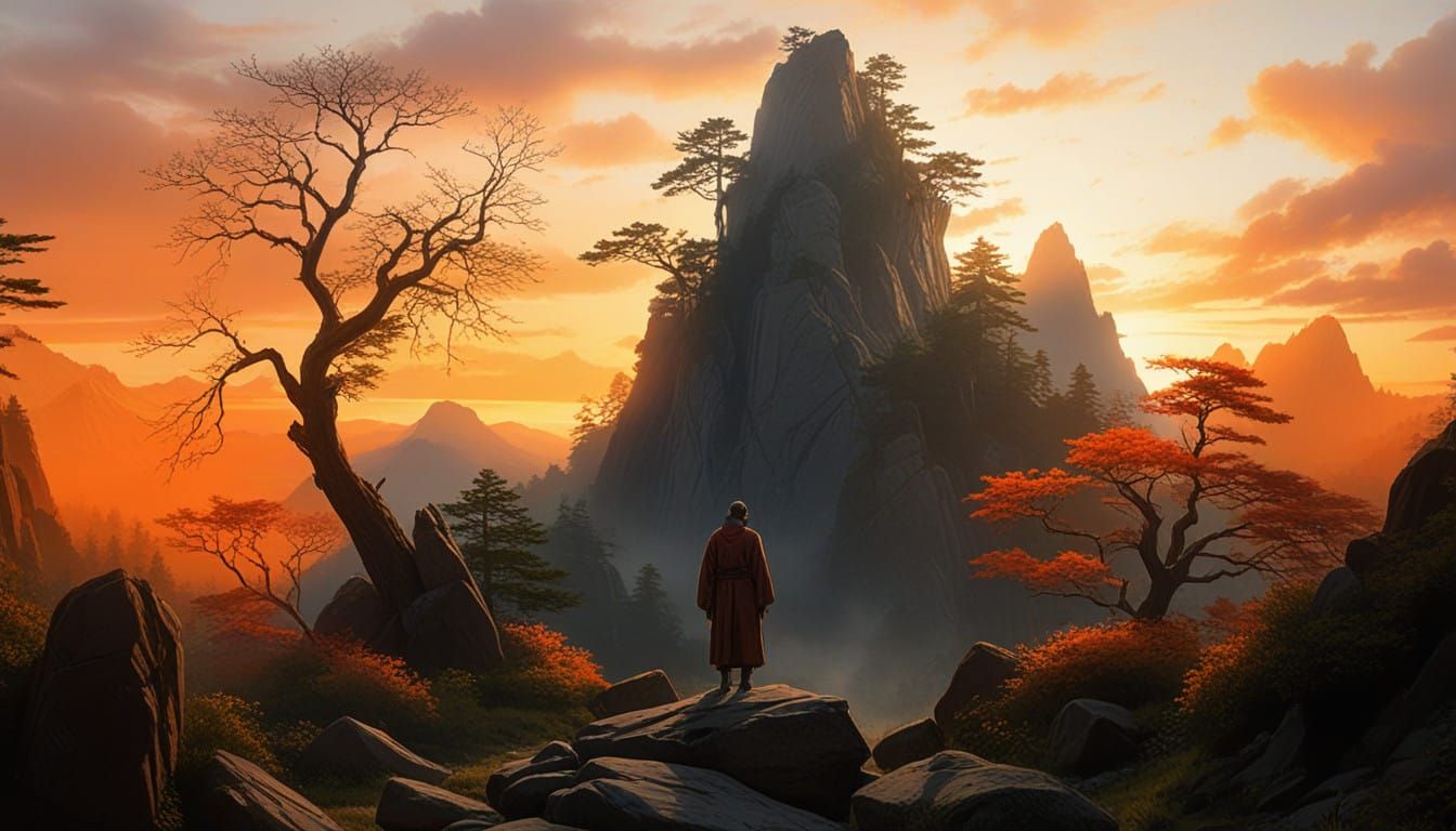 Serene Zen Master in Front of a Majestic Mountain Landscape