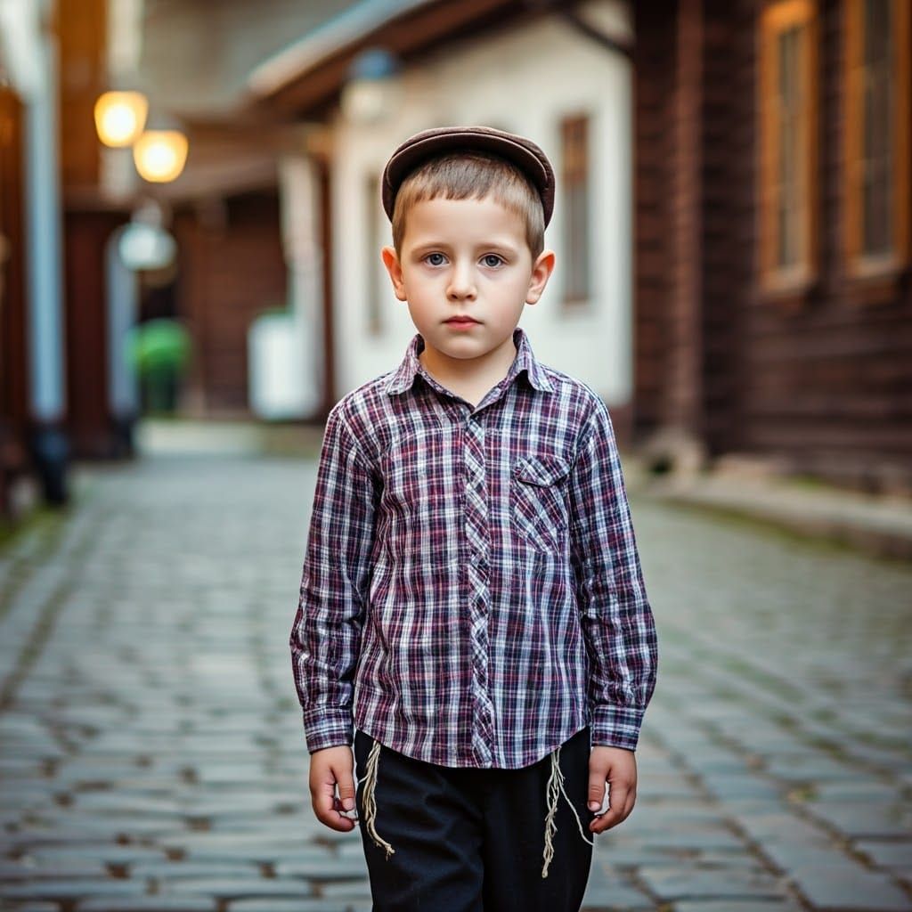 Young Haredi Boy in Traditional Attire, Focused Expression
