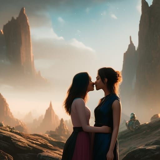 Two Girls Kissing: Engagement Ring in Neo-Impressionist Styl...