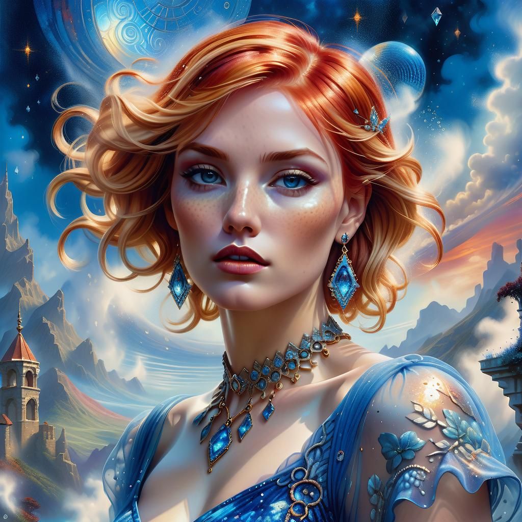 Young women with Short Blond Red hair in a Blue Dress