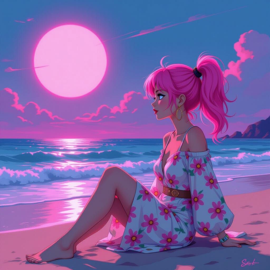 Neon Beach Hippie in Miyazaki-Inspired Style