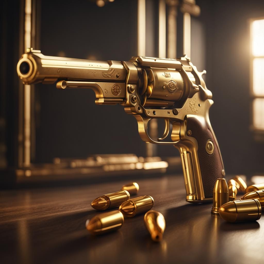 Golden Pistol Display: 3D Cinematic Art
