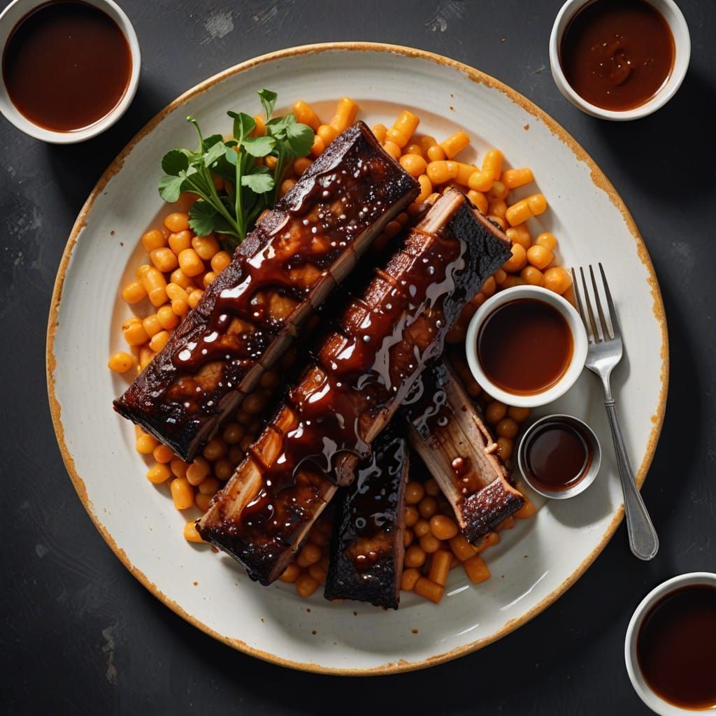 Savory Plate of Succulent Spare Ribs in Vibrant American Din...