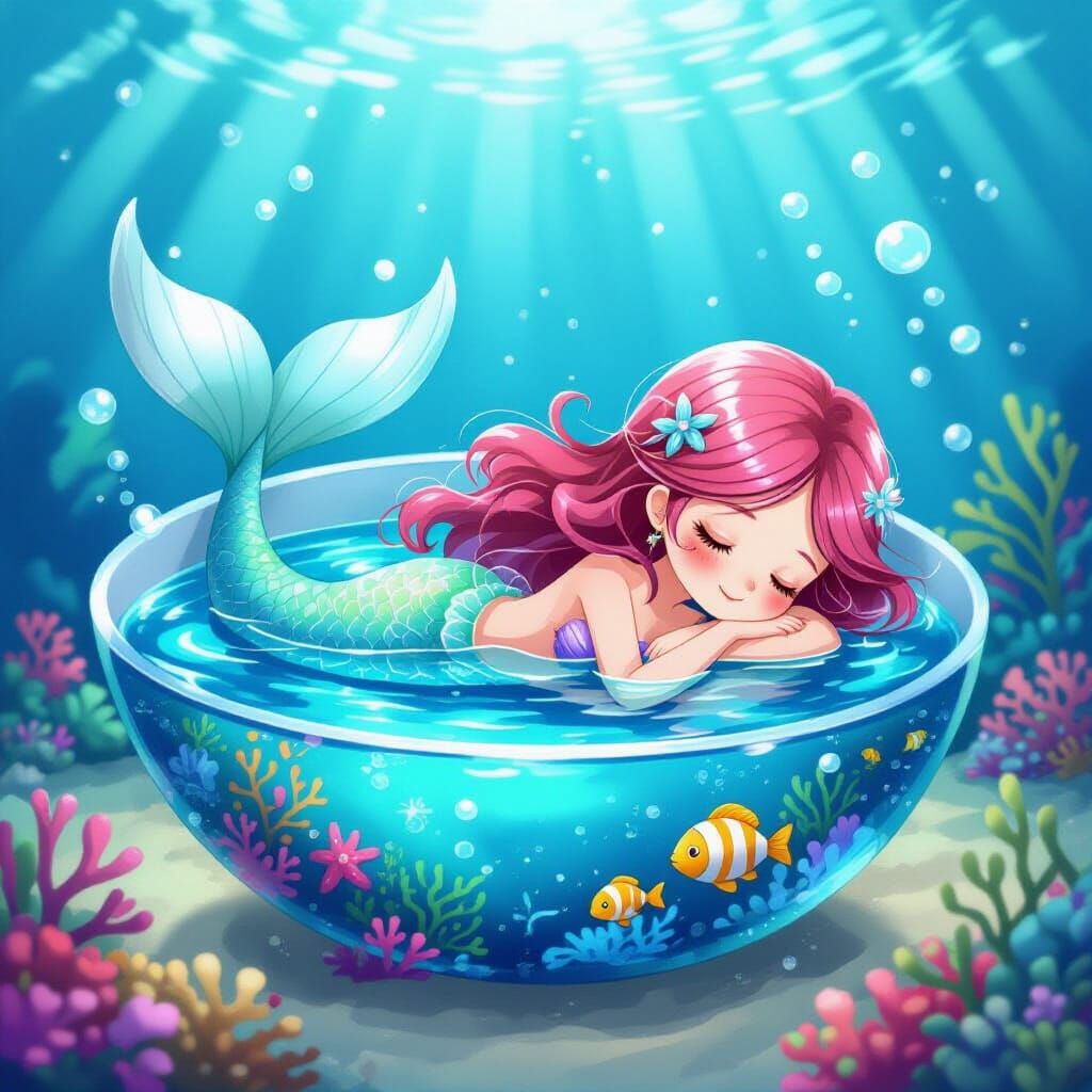 Cute Mermaid Sleeping in a Bowl of Sea Water