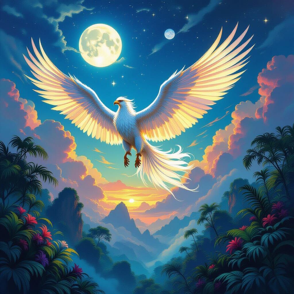 Griffin Soaring Above Bioluminescent Alien Jungle