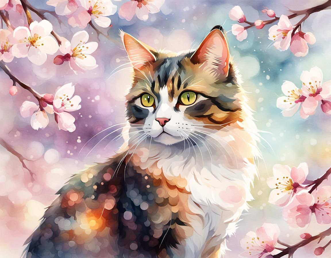 Tortoiseshell Cat in Cherry Blossom Garden
