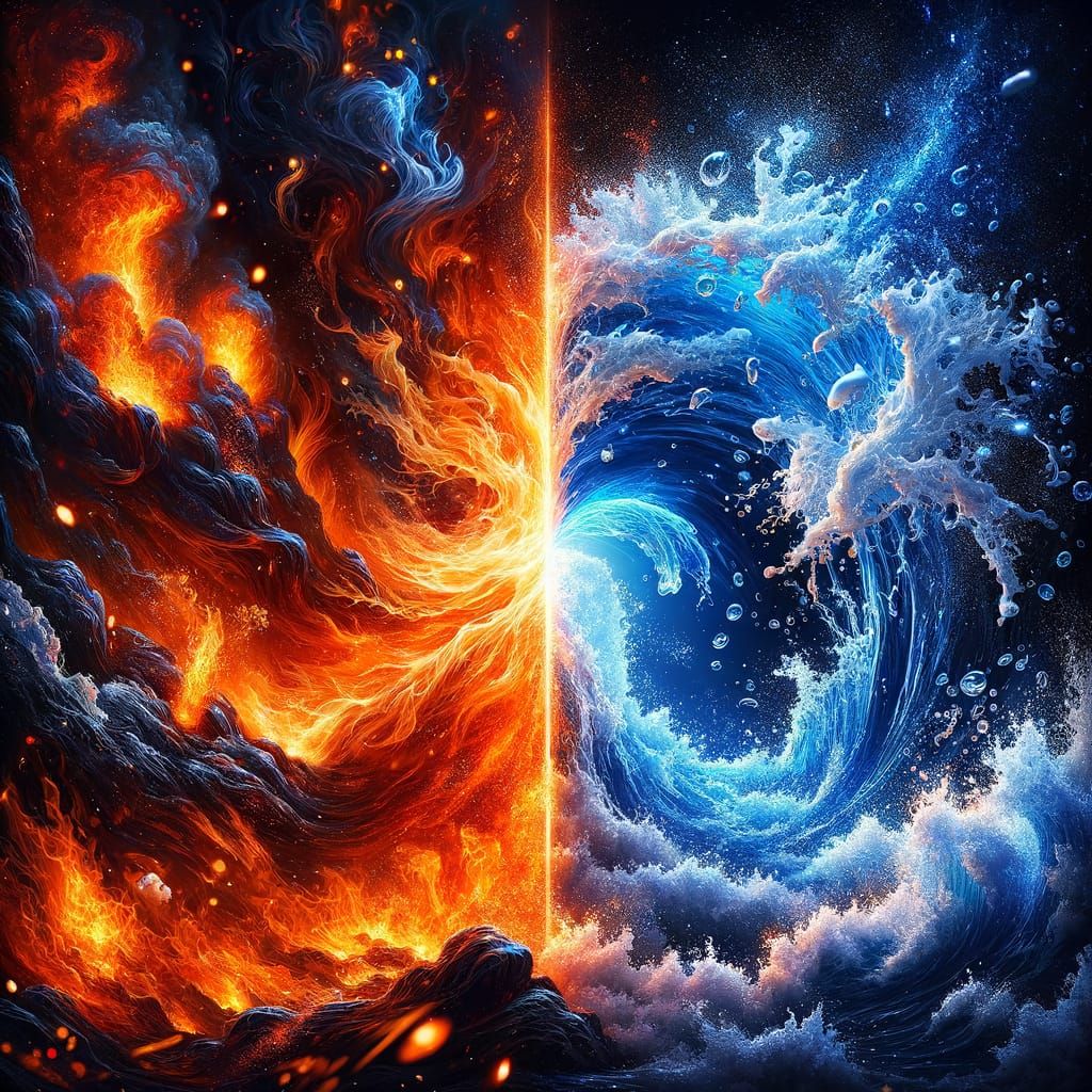 Fire and Water Elemental Contrast in Cinematic Style