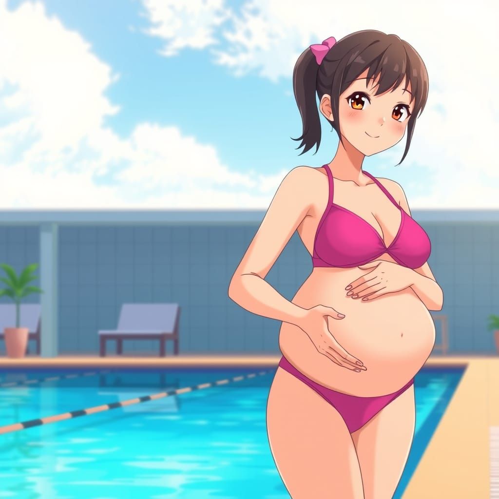 Anime Woman with Pregnancy Belly at Swimming Pool