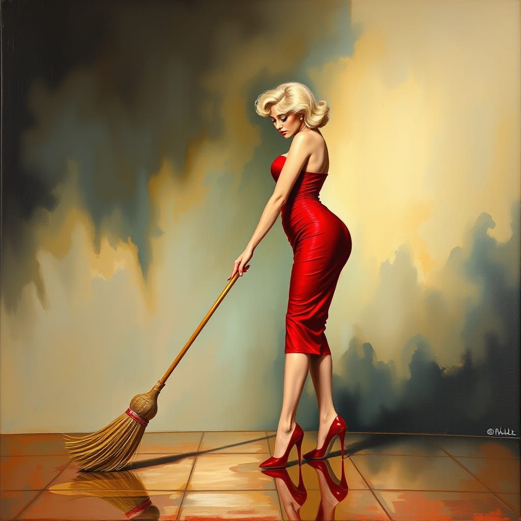 Surreal Burlesque Dancer Sweeping Floor in Oil