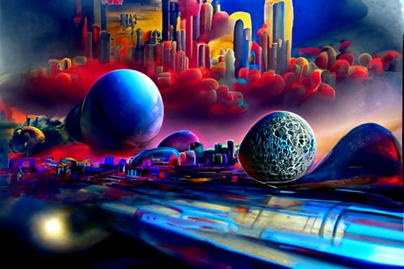 Retrofuturistic City on Alien Moon in Digital Art