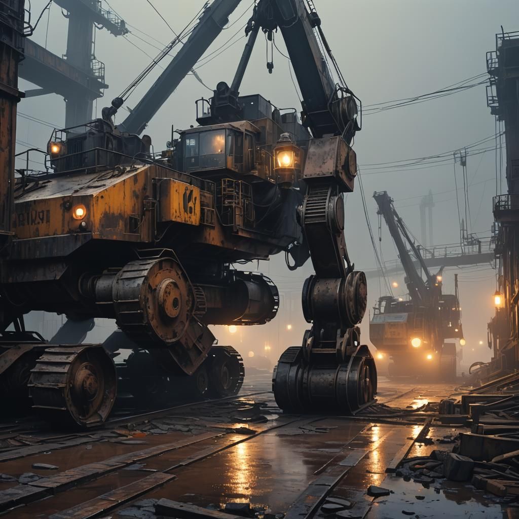 Industrial Earthmover Robot Wakes in Dystopian Dockyard