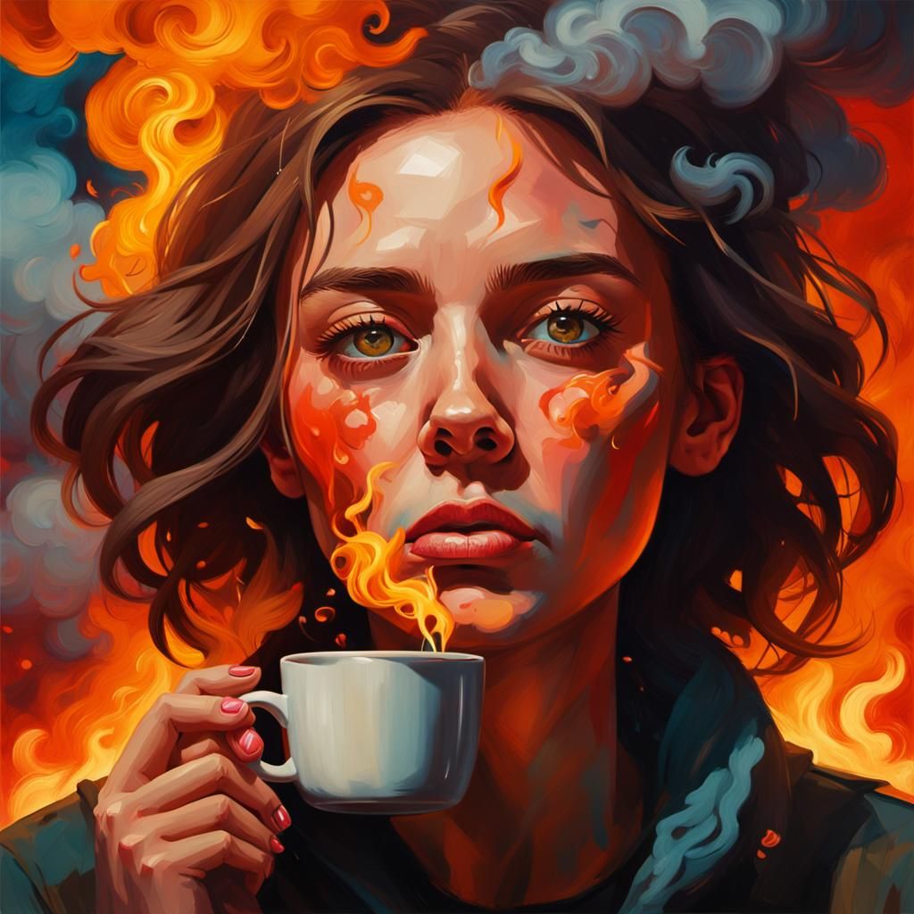 Fiery Portrait: Woman in Smoke, Oil Painting Style