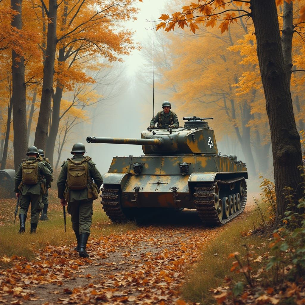 German Tank Destroyer in Autumn Woods, Otto Dix Style