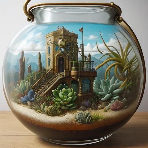 terrariums, from succulent arrangements surrealism Salvador Dali matte background melting oil on canvas steampunk engine