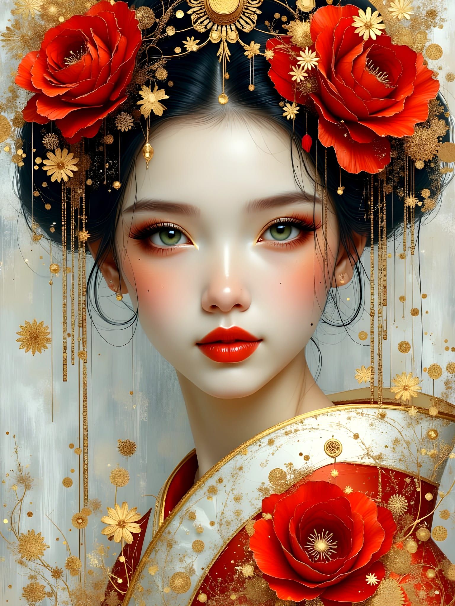 Surreal Geisha Portrait with Icy Roses
