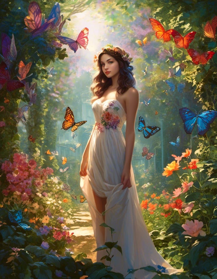 Girl in Whimsical Garden with Fireflies