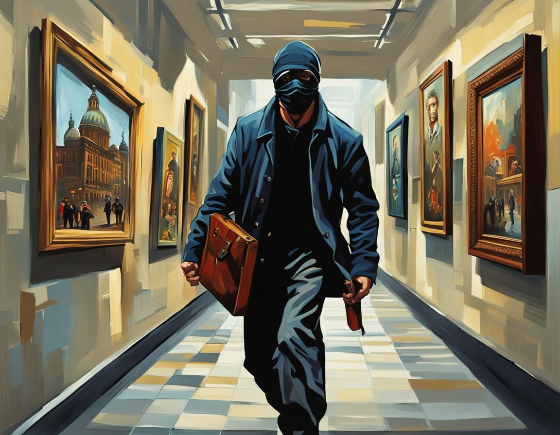 Animated Thief Stealing Painting in Film Noir Style
