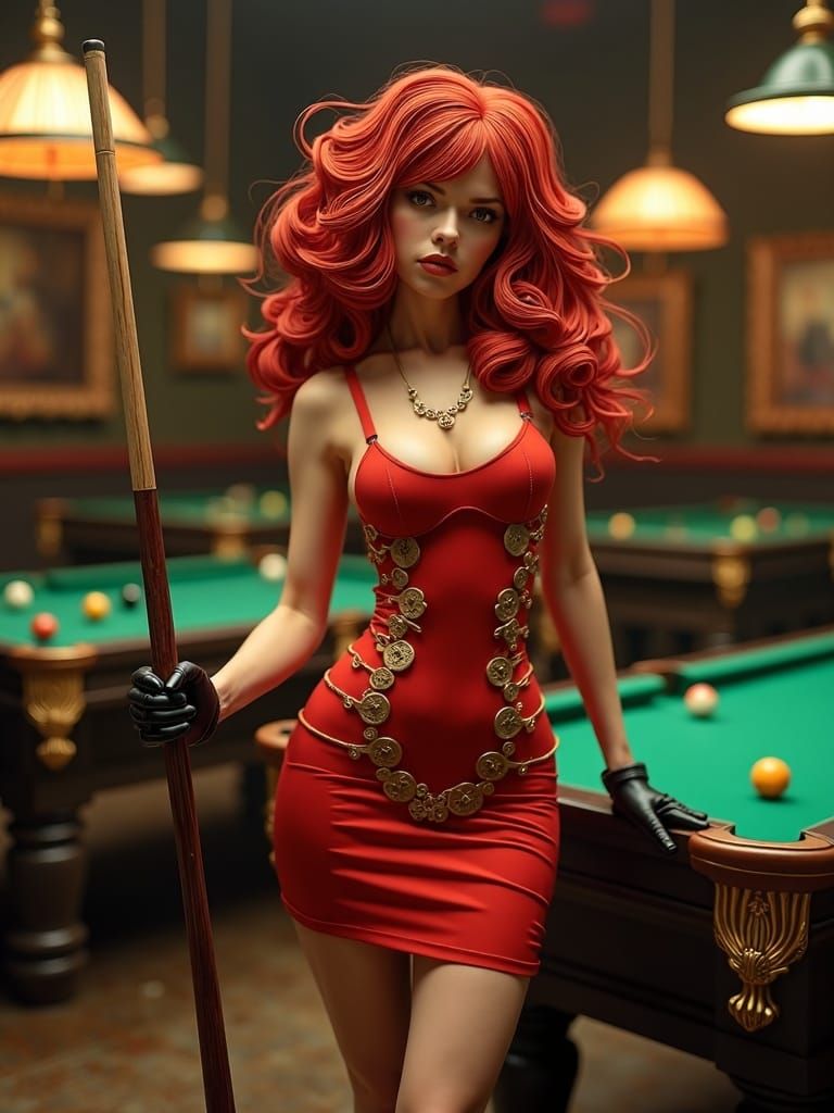 Victorian Papercraft: Woman in Pool Hall with Red Accents