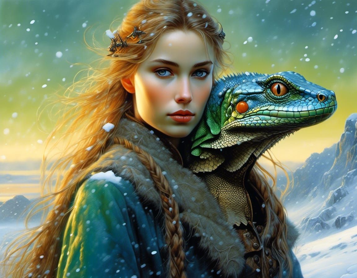 Fantasy Wizard with Lizard in Snowy Arctic