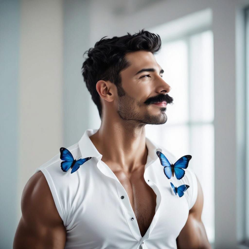 Handsome Man in White Latex Shirt with Butterflies on Nose