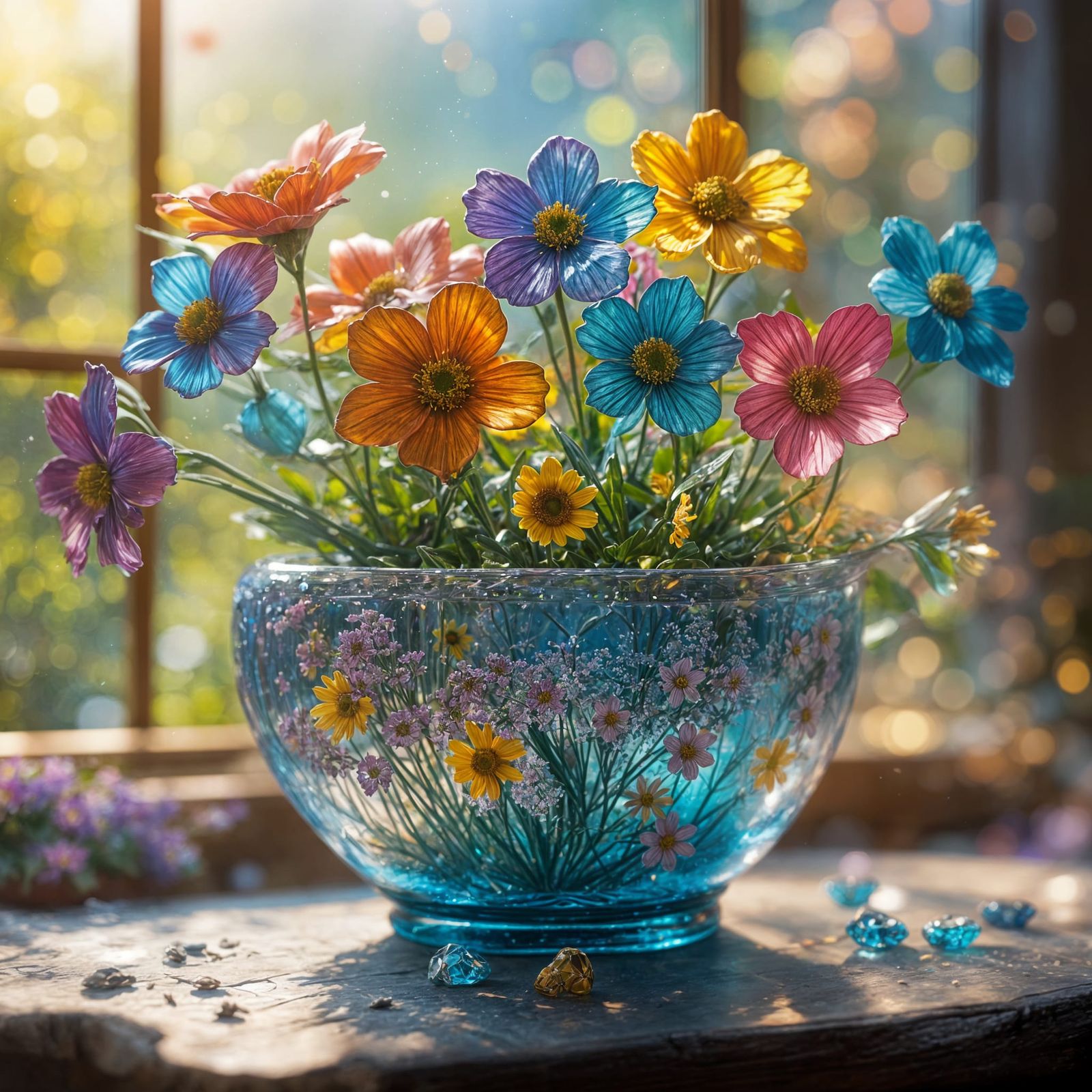 Enameled Glass Flowers Reflecting Sunlight