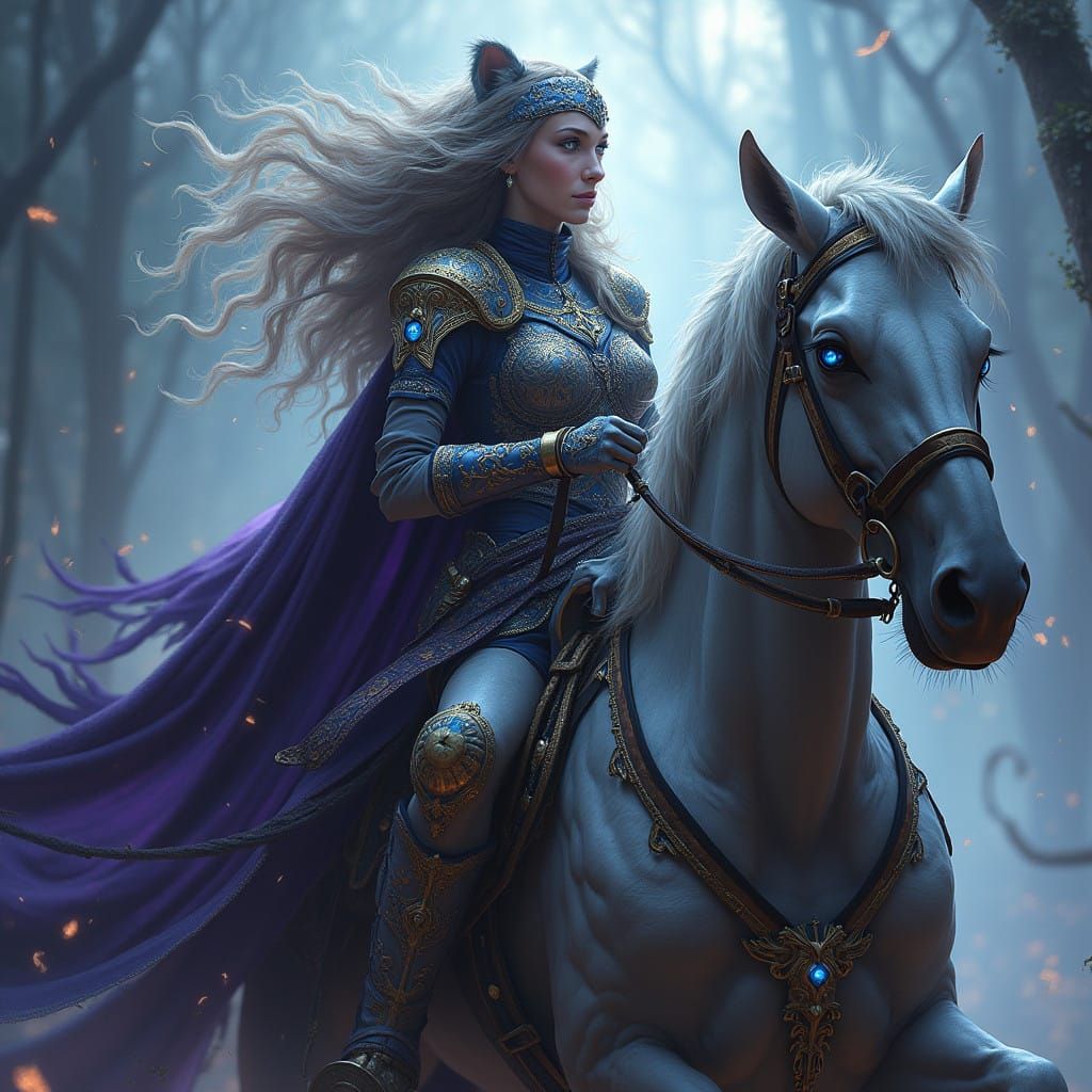 Regal Tabaxi Ranger Woman on Skeleton Steed in Dark Fantasy...