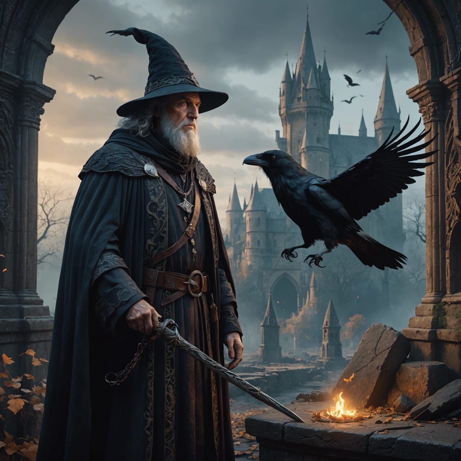 Wizard with Crow in Detailed Fantasy Painting