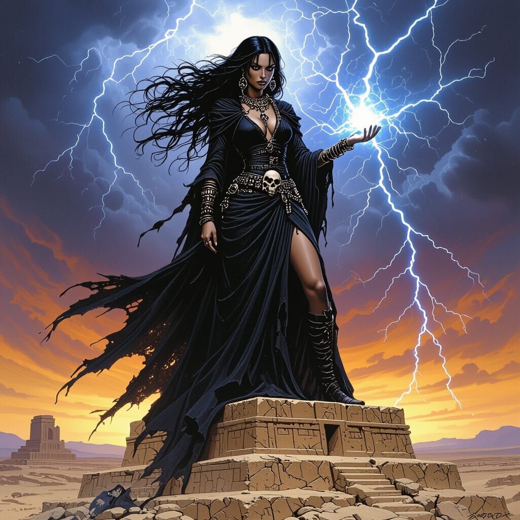 Dark Sorceress Conjuring Stormy Energy on Ziggurat