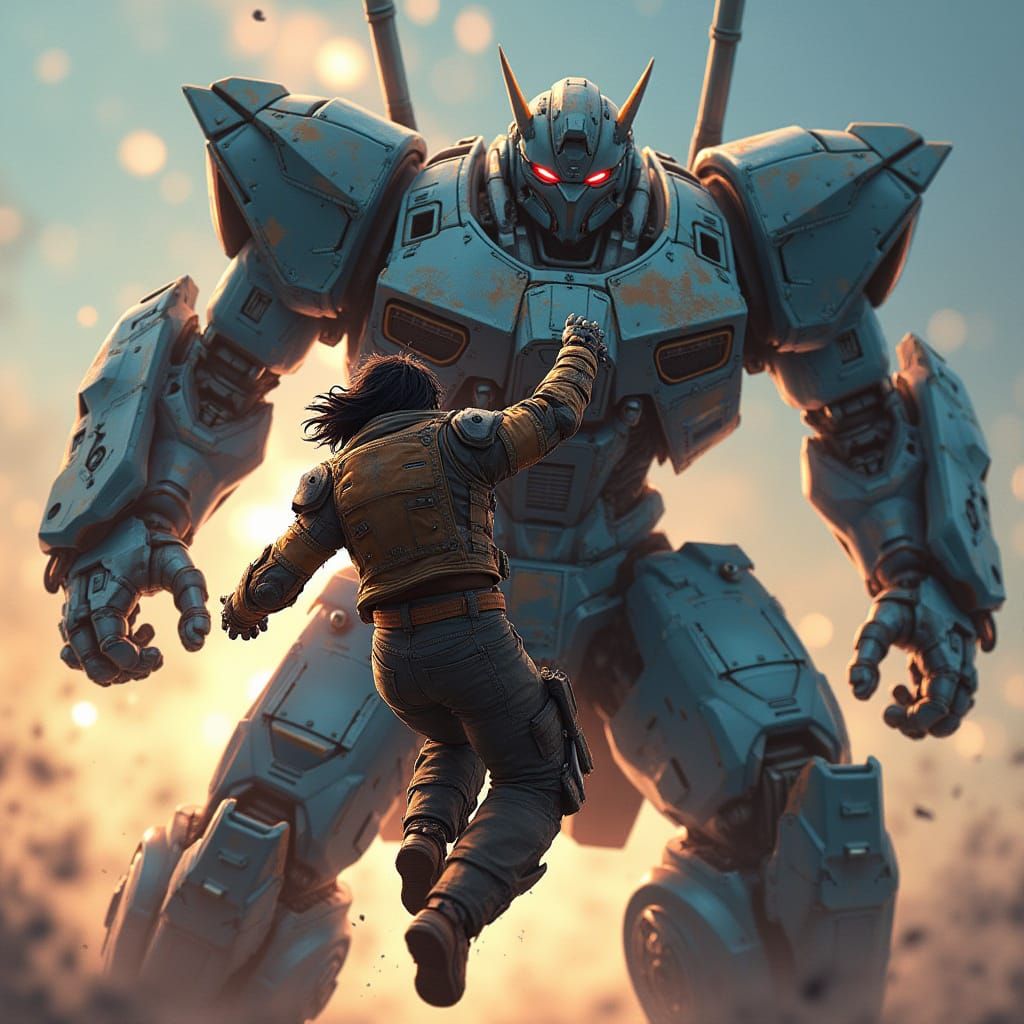 Eren Battles Robot in Vibrant Anime Style